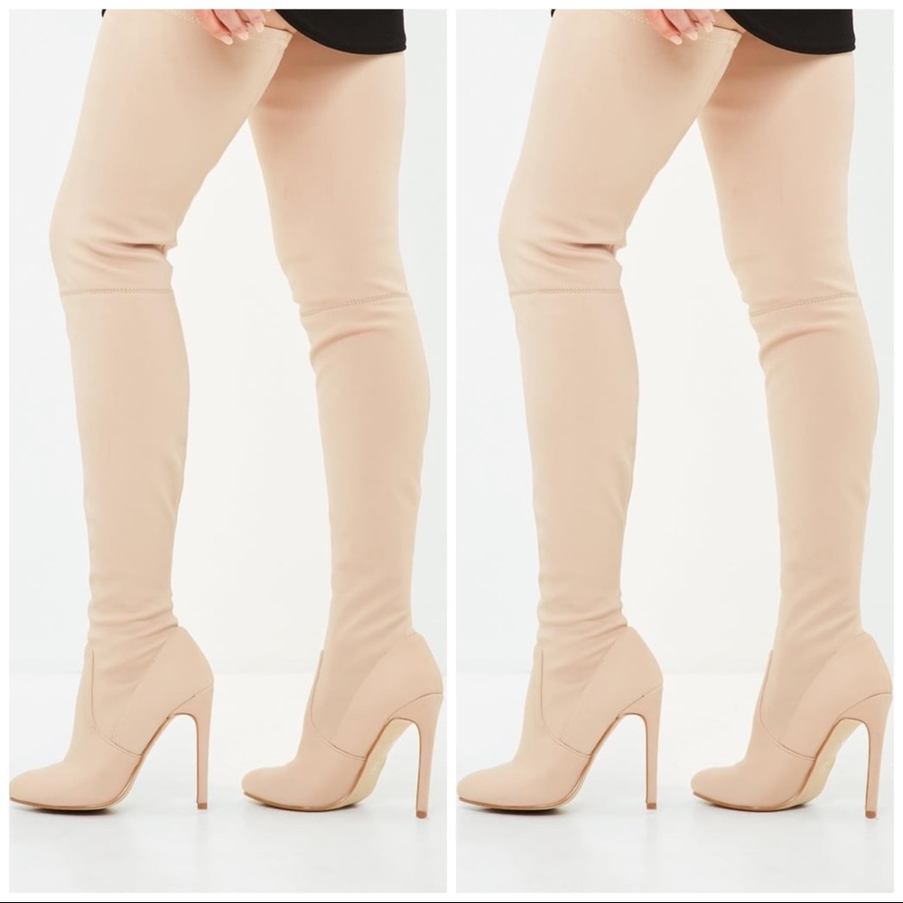 Missguided nude thigh high round toe boots